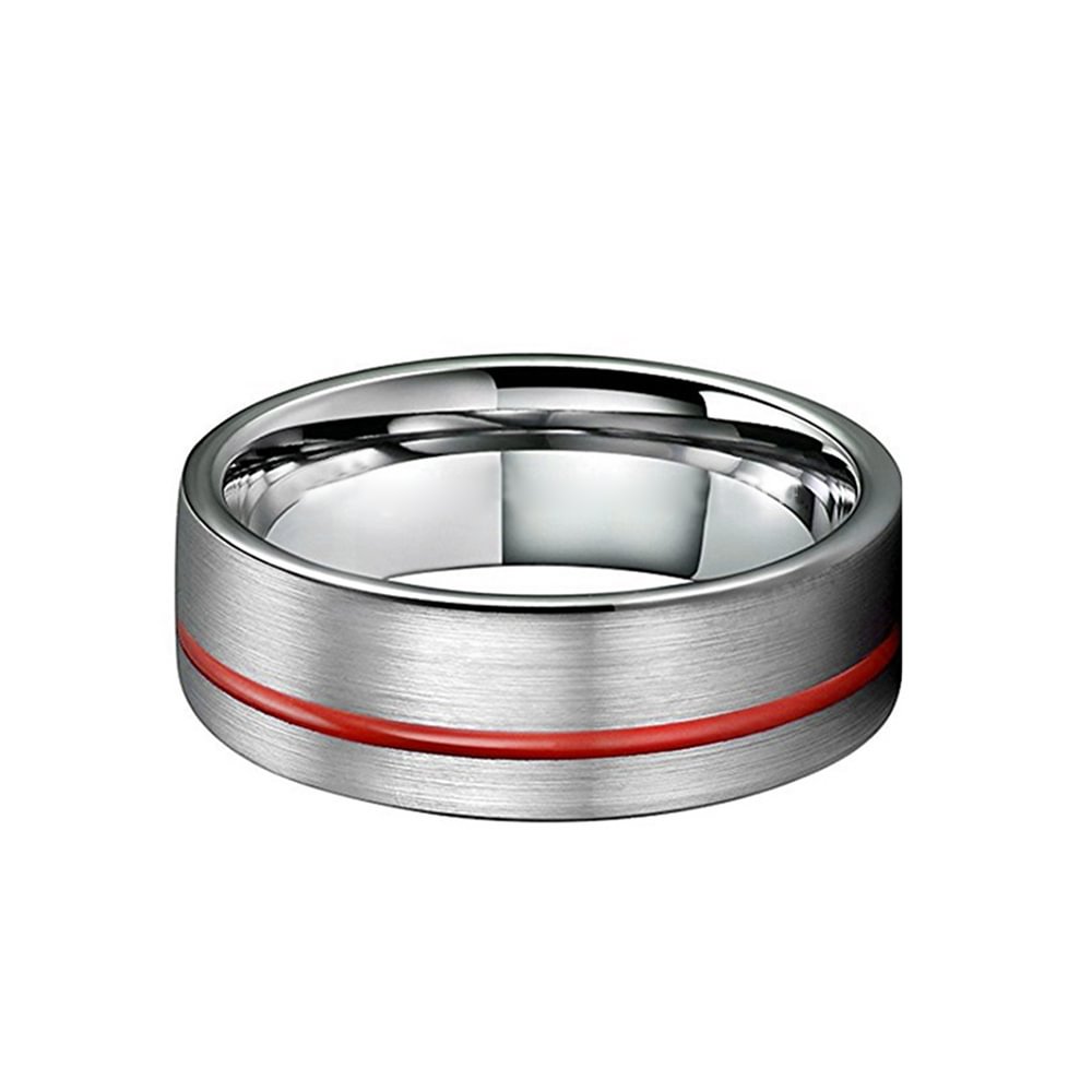 8MM Mens Brushed Flat Tungsten Rings Red Grooved Center Band