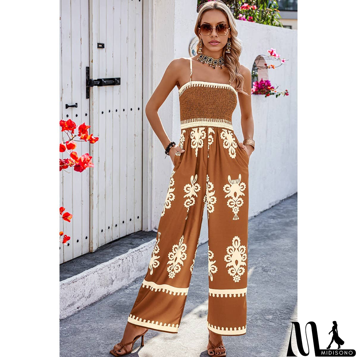MidiSono - Off Shoulder Ruched Printed High Waist Jumpsuit