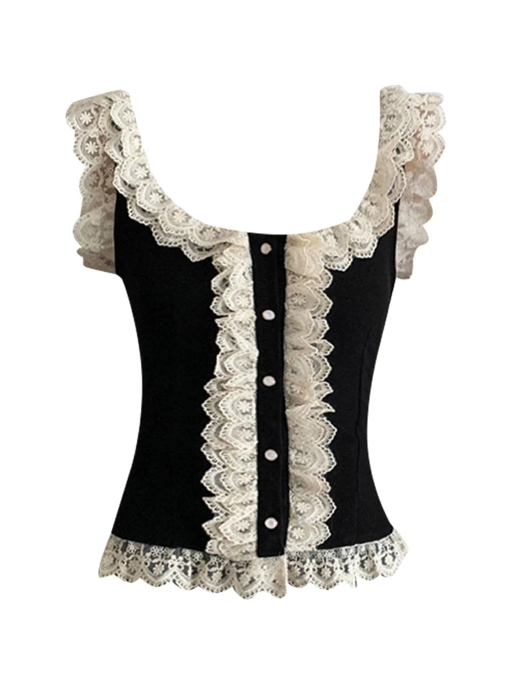  Summer Women Korean Ballet Core Coquette Lace Crop Top Mori Girl Tank Top Gyaru 2000s Aesthetic Hot Sexy Vintage Camisole Gothic