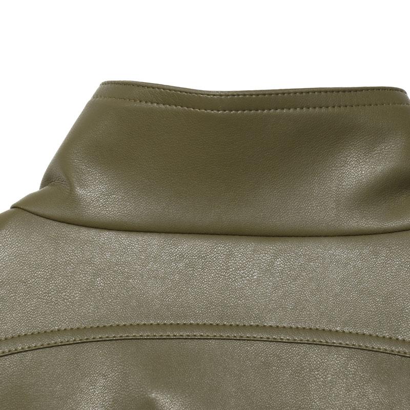 Women's Olive Green Faux Leather Bomber Moto Jacket with Stand Collar and Flap Pockets, Casual Short Layered Streetwear Outerwear