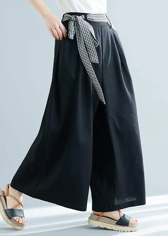 black cotton blended wide leg pants tie waist casual trousers