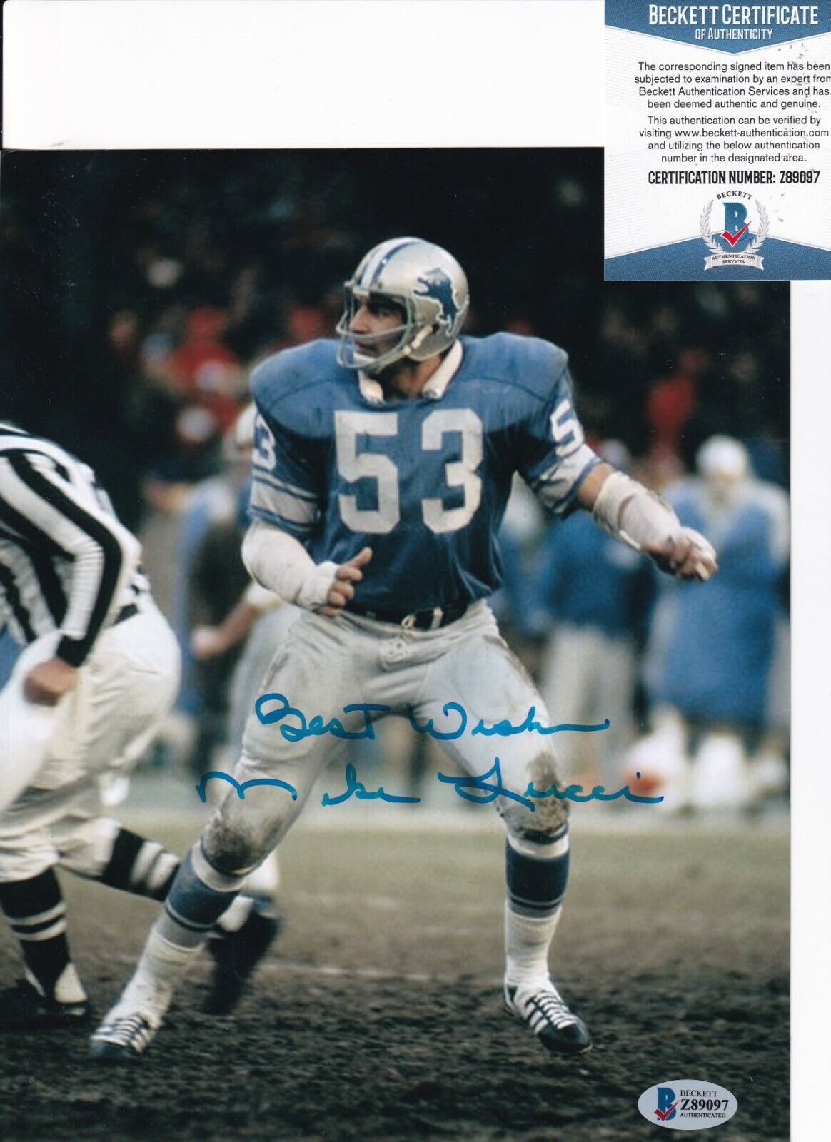 MIKE LUCCI signed (DETROIT LIONS) Football 8X10 Photo Poster painting BECKETT BAS Z89097