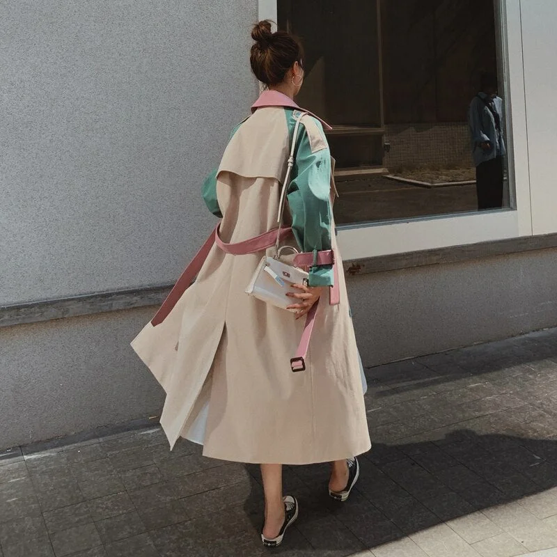 Brand New Fashion Lady Trench Coat Double-Breasted with Belt Patchwork Design Oversize Duster Coat Women Outerwear Spring Autumn
