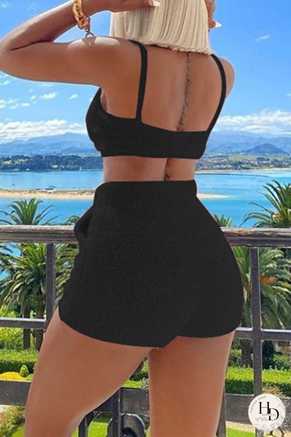 Black Sexy Casual Solid Backless Spaghetti Strap Sleeveless Two Pieces