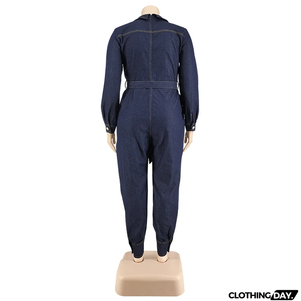 Slim V-Neck Casual Plus Size Women's Denim Jumpsuit