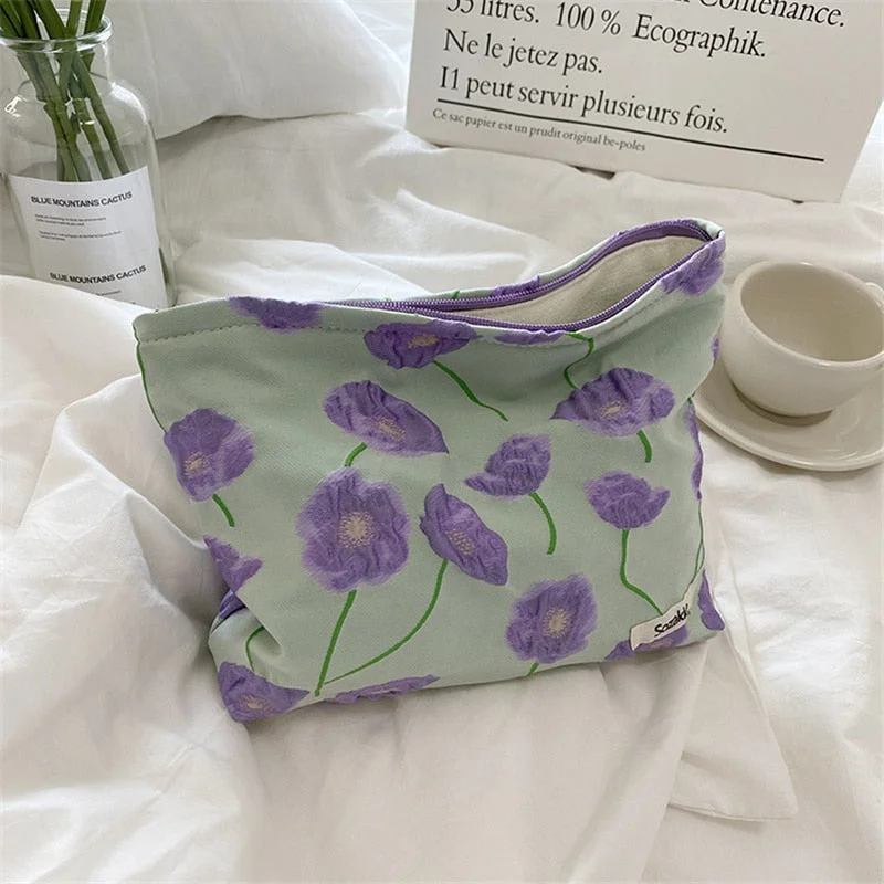 1pc Fashion Relief Flowers Print Cosmetic Bag Canvas Washing Bag Large Capacity Women Travel Cosmetic Pouch Make Up Storage Bags