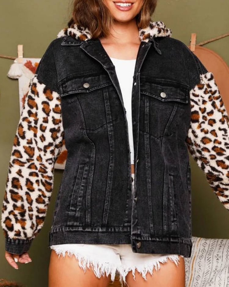 Denim Plush Leopard Panel Casual Jacket