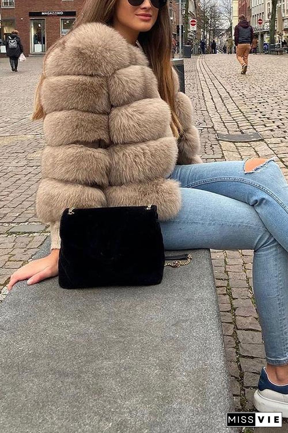 Layer O Neck Faux Fur Coat
