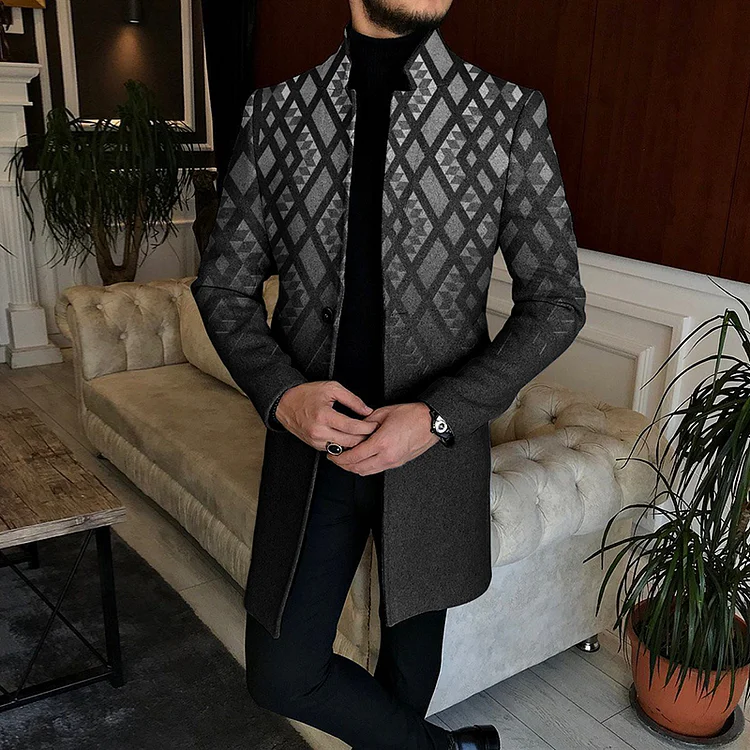 BrosWear Men's Gradient Color Stand Up Collar Tweed Coat