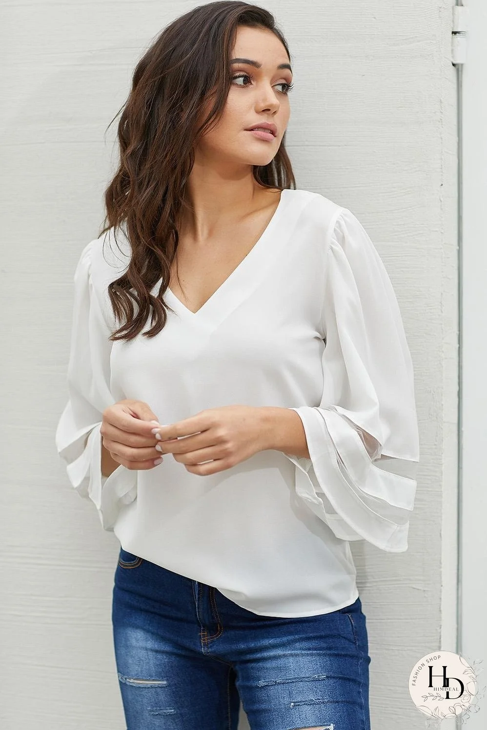 White Flare Sleeve V Neck Sheer Insert Blouse