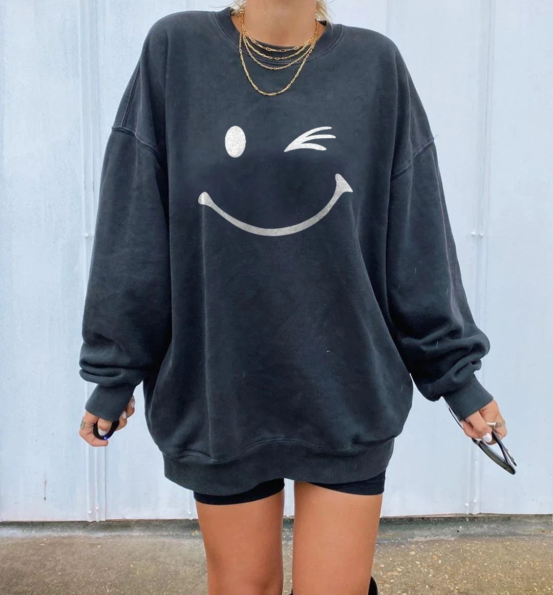 Basic Smiley Print Long Sleeve Sweatshirt