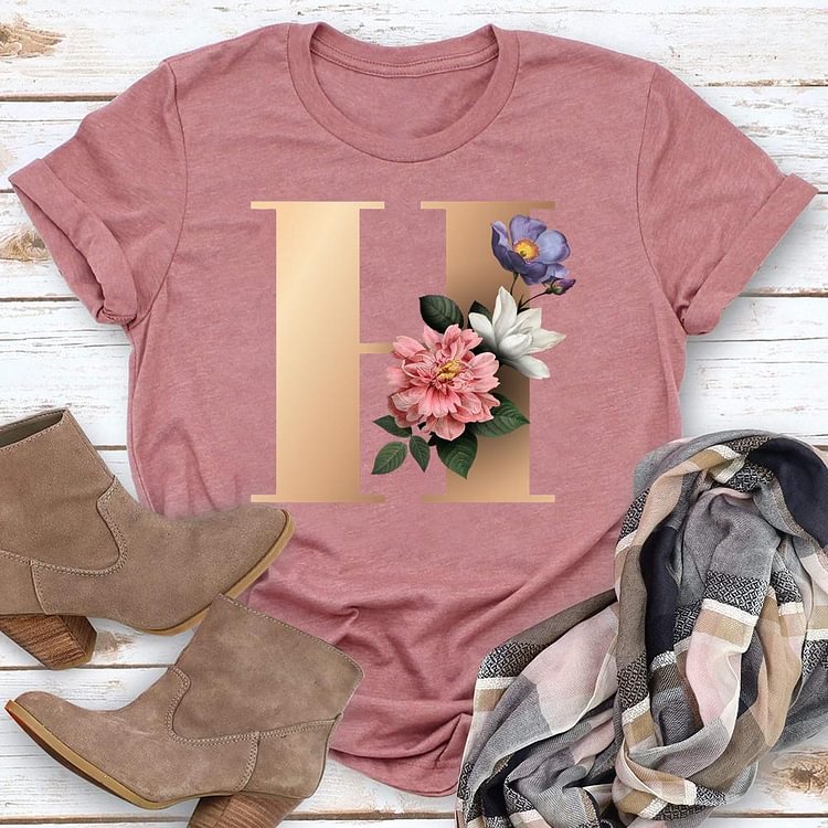 Floral Alphabet Font Letter H Round Neck T-shirt