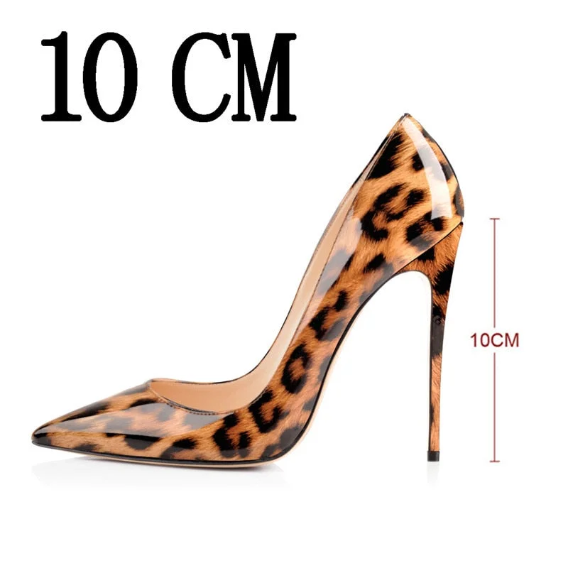 Onlymaker Women's Pointed Toe 8CM 10CM 12CM Thin Heels Leopard Print Sexy Pumps Patent Leather Lady Shoes Big Size US5~US15