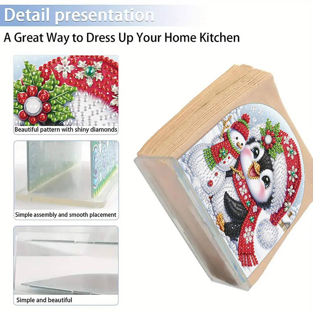 5D DIY Christmas Penguin Snowman Acrylic Diamond Art Painting Napkin Holder Set
