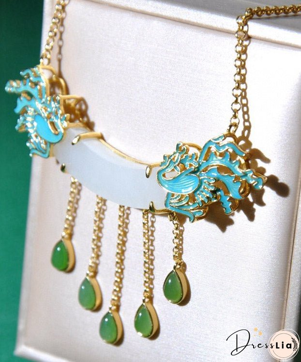 Style White Jade Enamel Phoenix Lariat Necklace