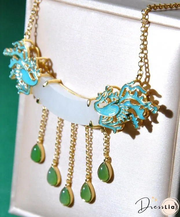 Style White Jade Enamel Phoenix Lariat Necklace