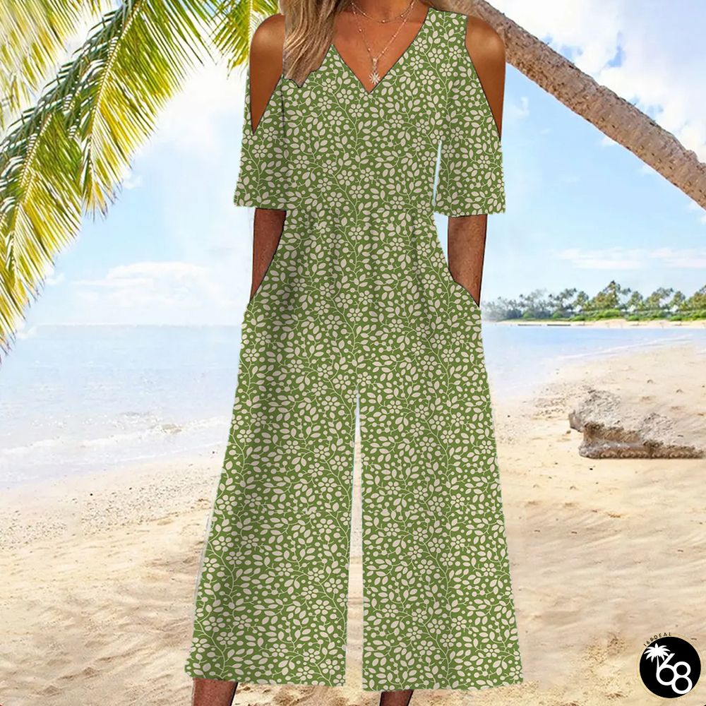 Elegant V-Neck Side Pocket Green Jumpsuit | 168DEAL