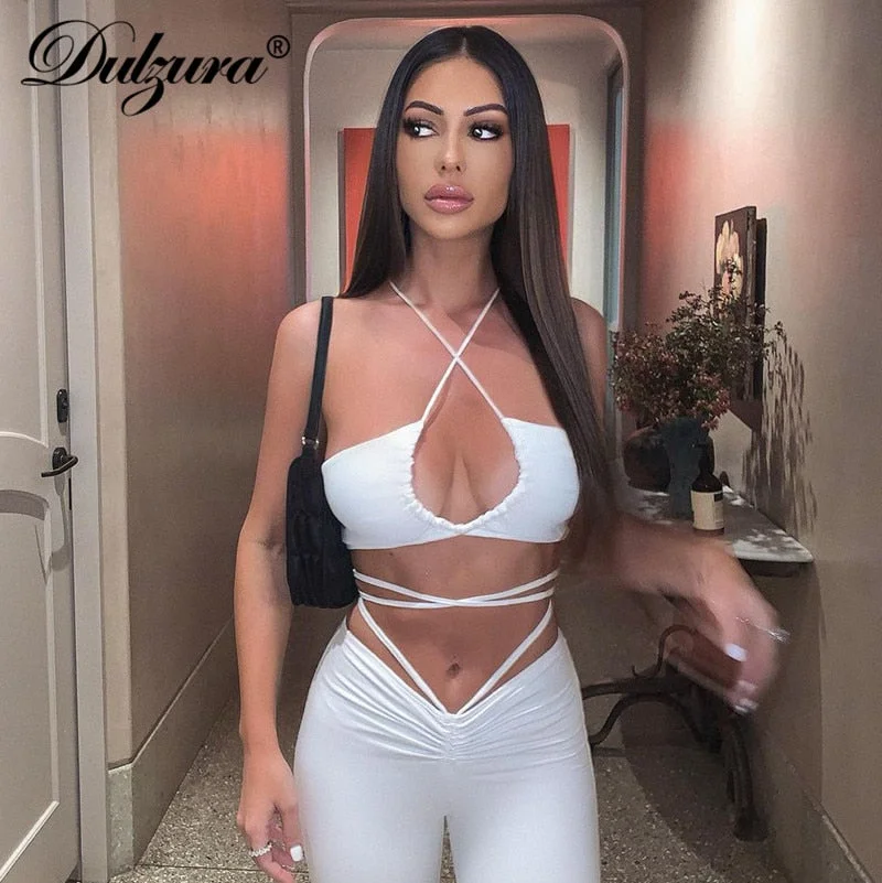 Dulzura Solie Women Crop Top Straps Camis Lace Up Cross Hollow Out Bodycon Sexy Streetwear 2021 Spring Summer