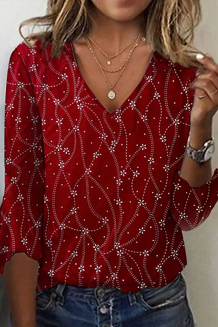 Flycurvy Plus Size Christmas Red Ditsy Floral Print 3/4 Flare Sleeve Blouse  Flycurvy [product_label]