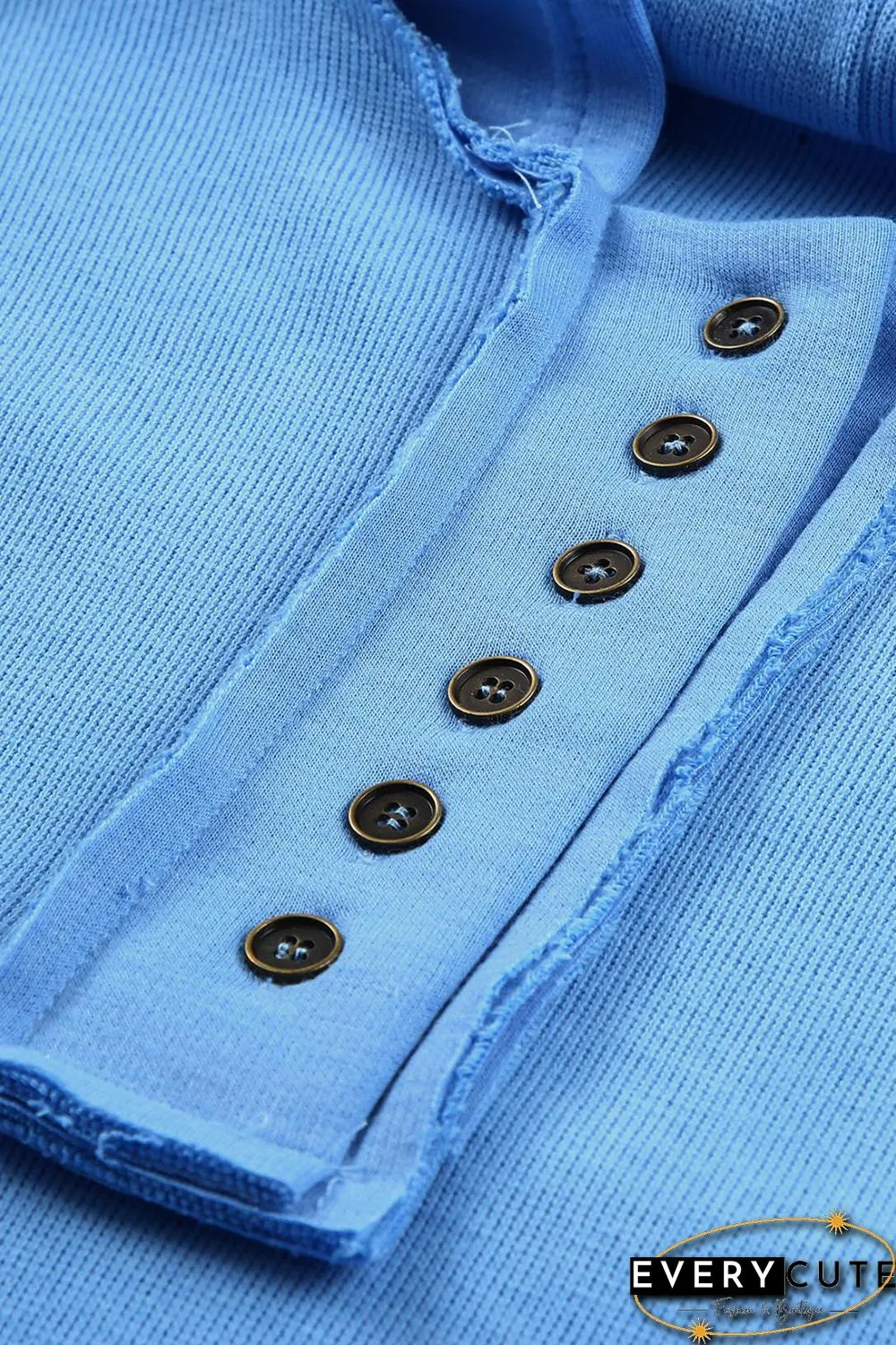 Sky Blue Casual Button Solid Patchwork Trim Hoodie