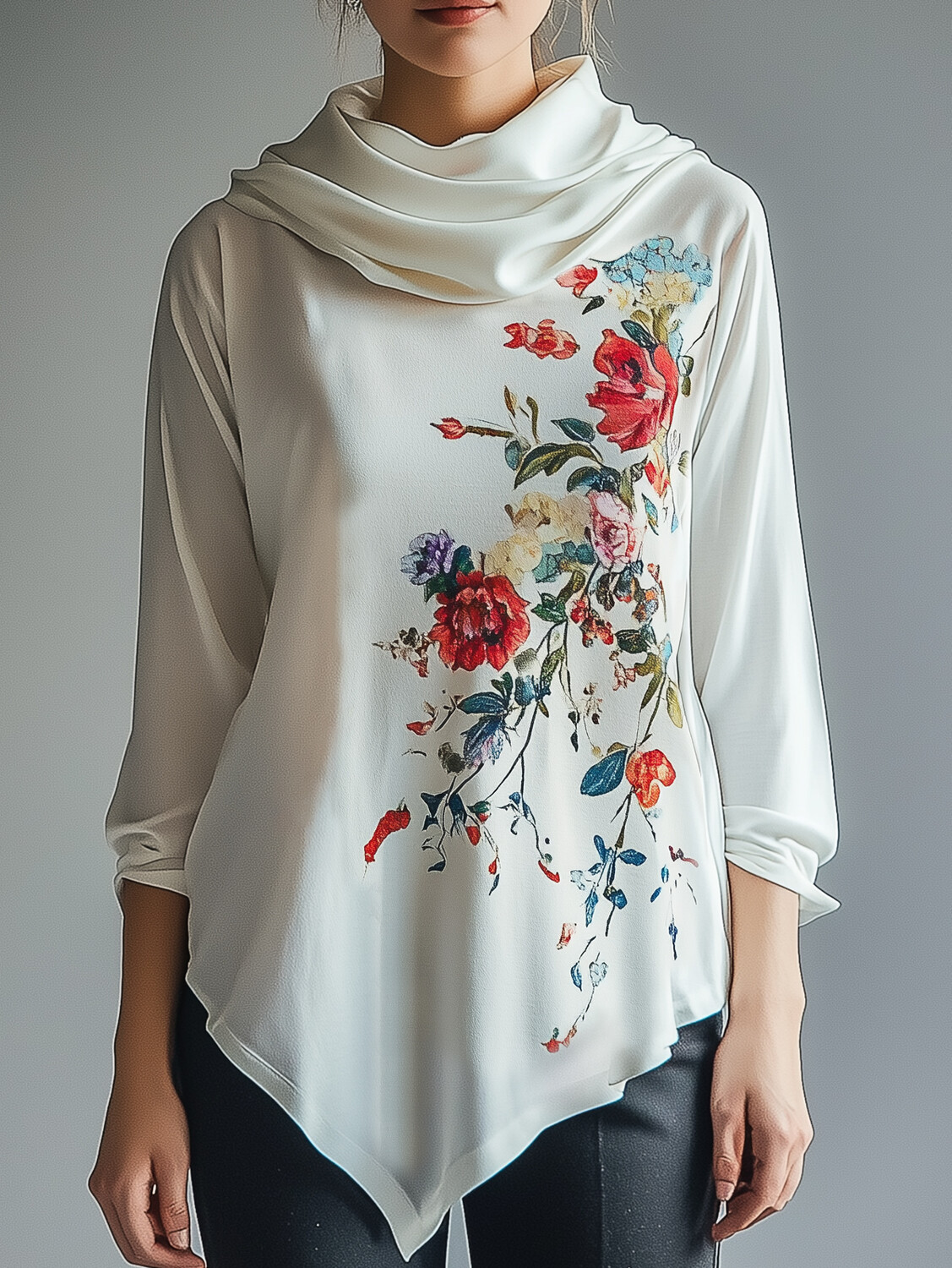 Ursime Cowl Neck Floral Plant Pattern Long Sleeve Blouse