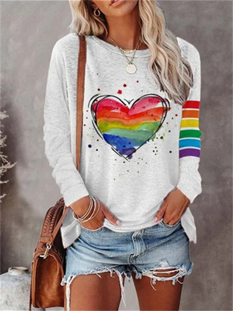 Heart Rainbow Print Long Sleeve O Neck T Shirt