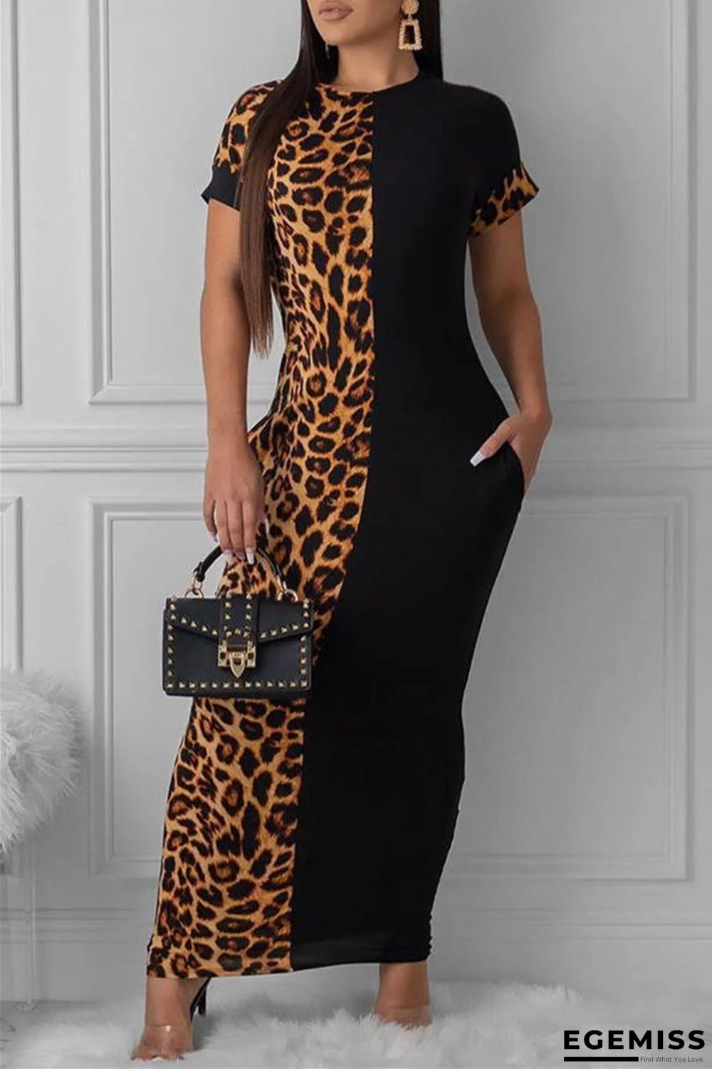 Leopard Print Fashion Casual Print Leopard Patchwork O Neck Short Sleeve Dress | EGEMISS
