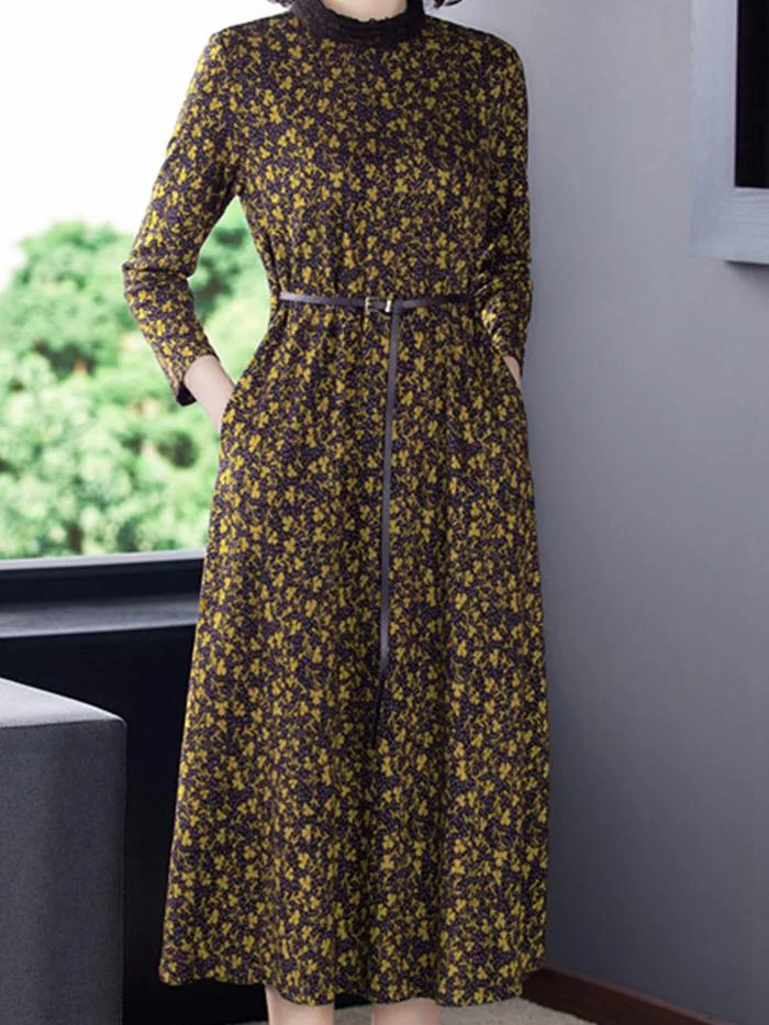 Fashion Floral Knit Mid-length Dress