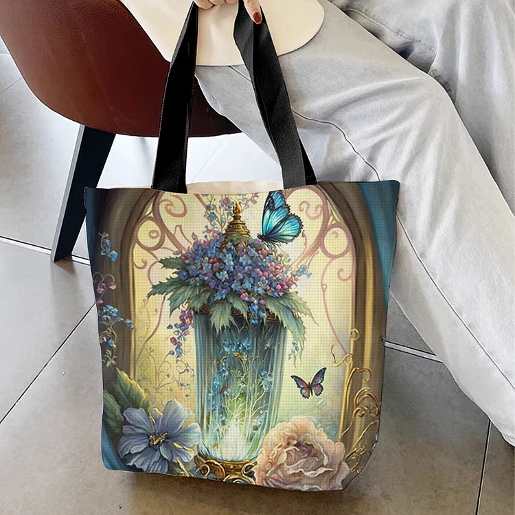 Shopper Bag- Vase And Butterflies In The Garden 11CT Stamped Cross Stitch 40*40CM