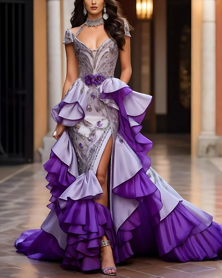 Women's Sleeveless Slit Ruffle Sequin Dress