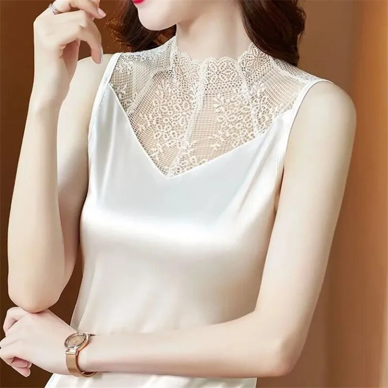 Elegant Satin Vest Women Lace Stitching Camisole Half Turtleneck Hollow out Sleeveless Tops Summer Woman Clothing OL Tank Tops