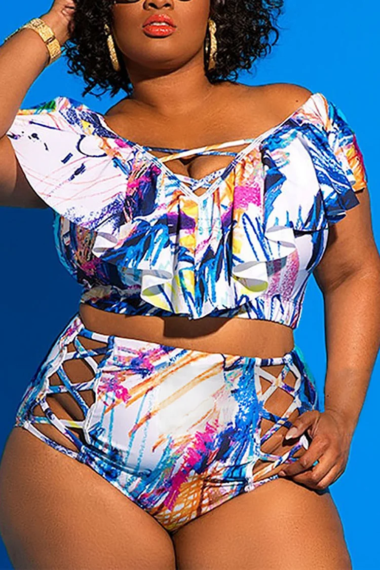 Plus Size White Beach High Waist Off Shoulder Swimsuit One Pieces Set