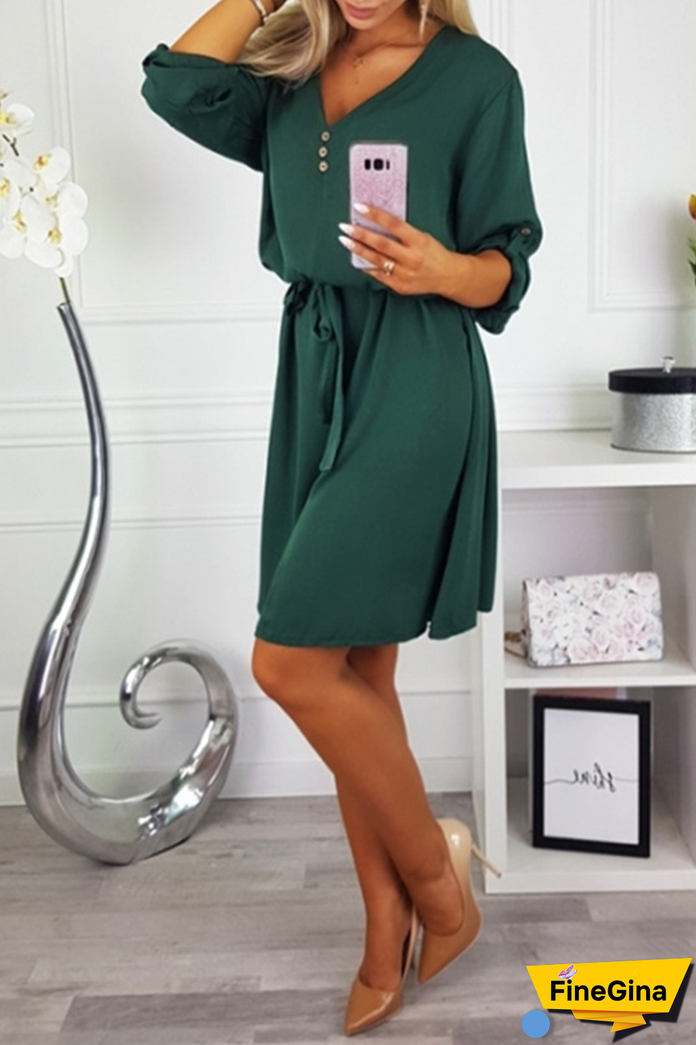 Casual Solid Buttons Strap Design V Neck Dresses(4 Colors)
