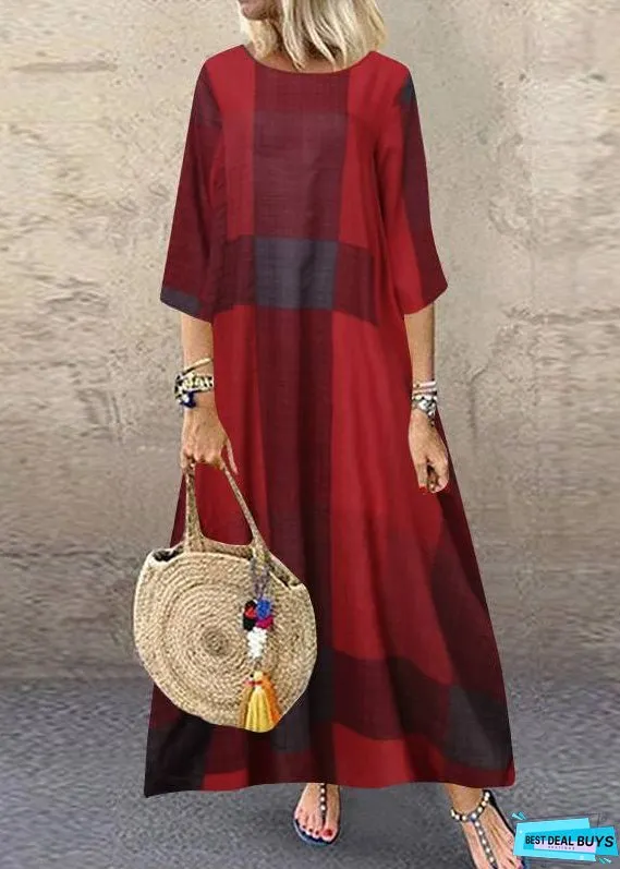 Women Black O-Neck Plaid Maxi Dresses Half Sleeve