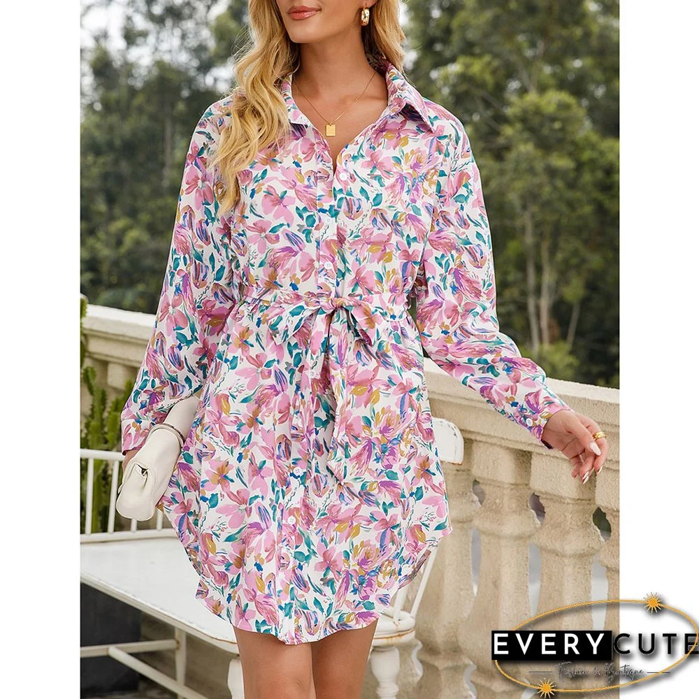 Pink Floral Print Long Sleeve Shirt Dress with Belt
