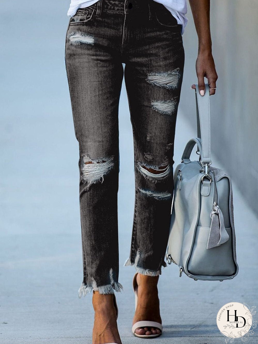 Retro Distressed Straight Leg Black Denim Jeans