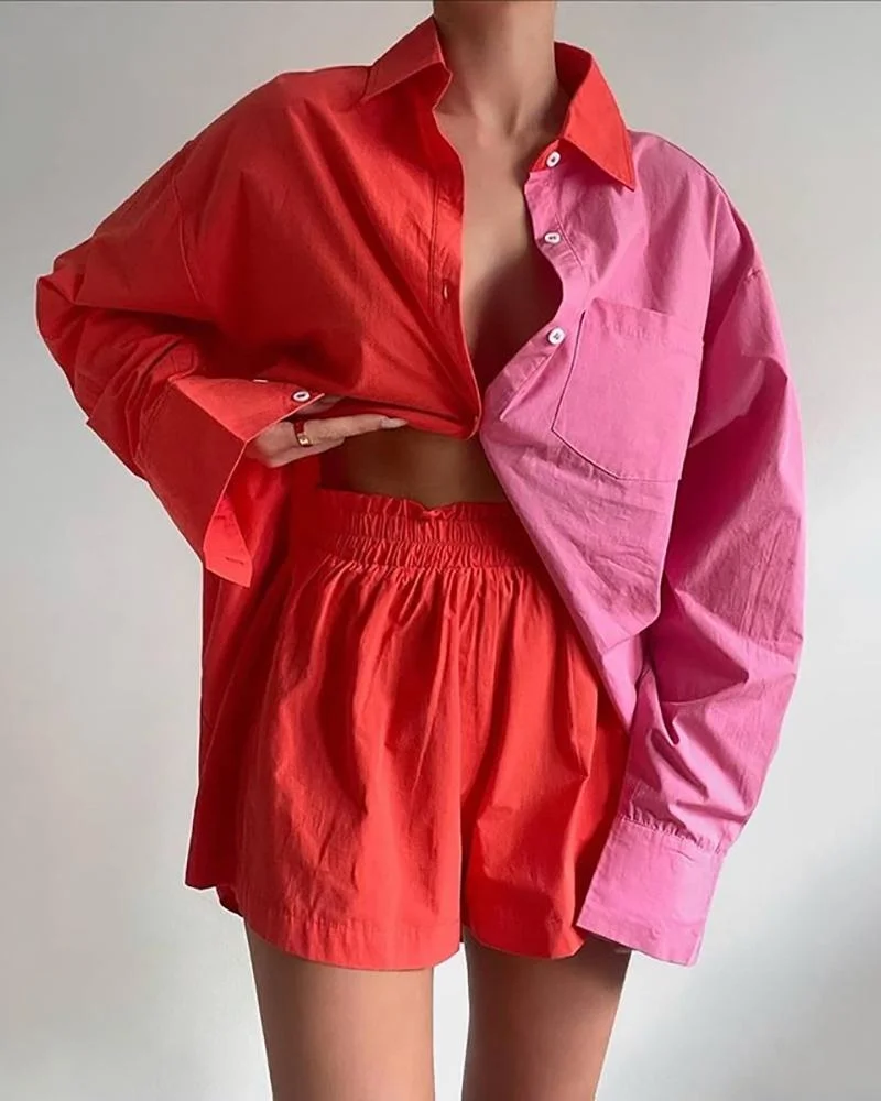 Casual Two Piece Colorblock Shirt & Shorts