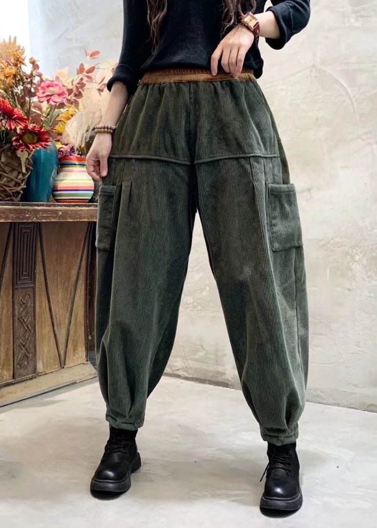 Loose Green Corduroy Patchwork Thick Cargo Winter Pants CK2381- Fabulory