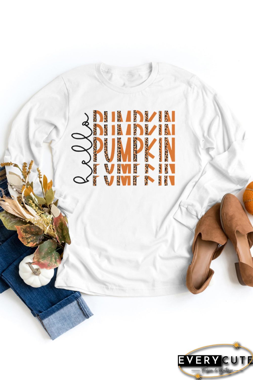 White Hello PUMPKIN Leopard Print O-neck Long Sleeve Top