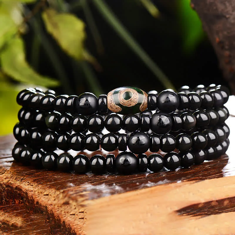 Black Obsidian Dzi Bead Tiger Eye Agate Healing 108 Beads Mala Bracelet