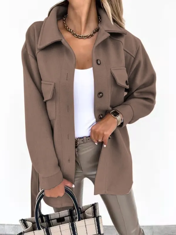 2021 fall/winter lapel single-breasted thick solid color shirt woolen loose coat women
