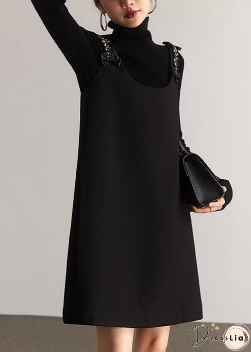 Italian Black O-Neck Zircon Patchwork Cotton Mid Dress Sleeveless