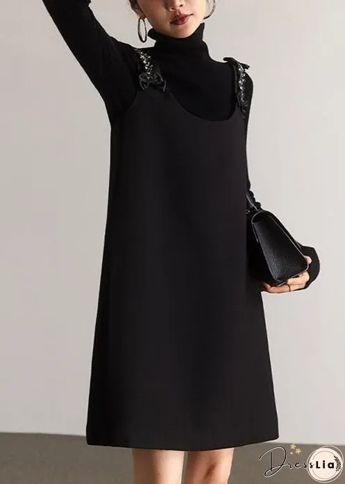 Italian Black O-Neck Zircon Patchwork Cotton Mid Dress Sleeveless