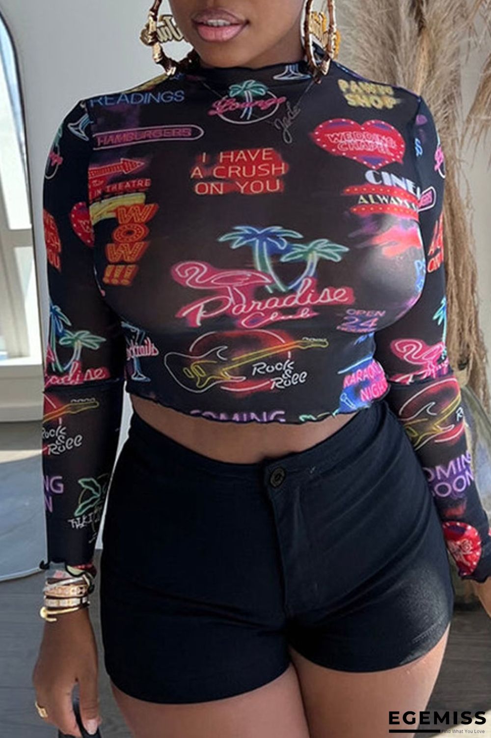 Black Casual Print Patchwork O Neck Long Sleeve Two Pieces | EGEMISS