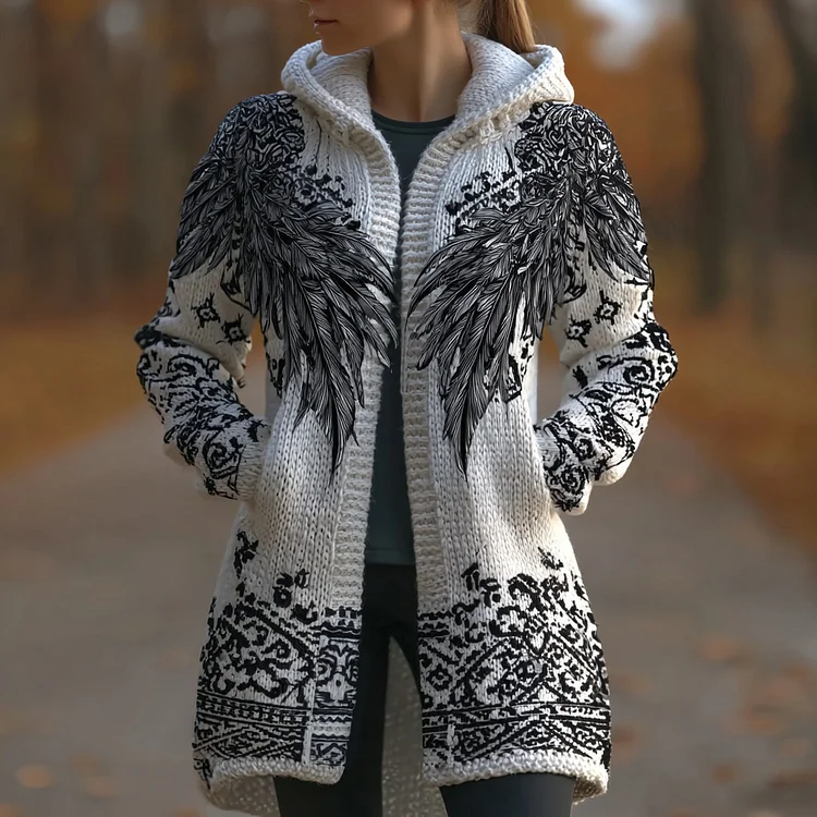 Women's Retro Viking Angel Wings Pattern Warm Hooded Cardigan