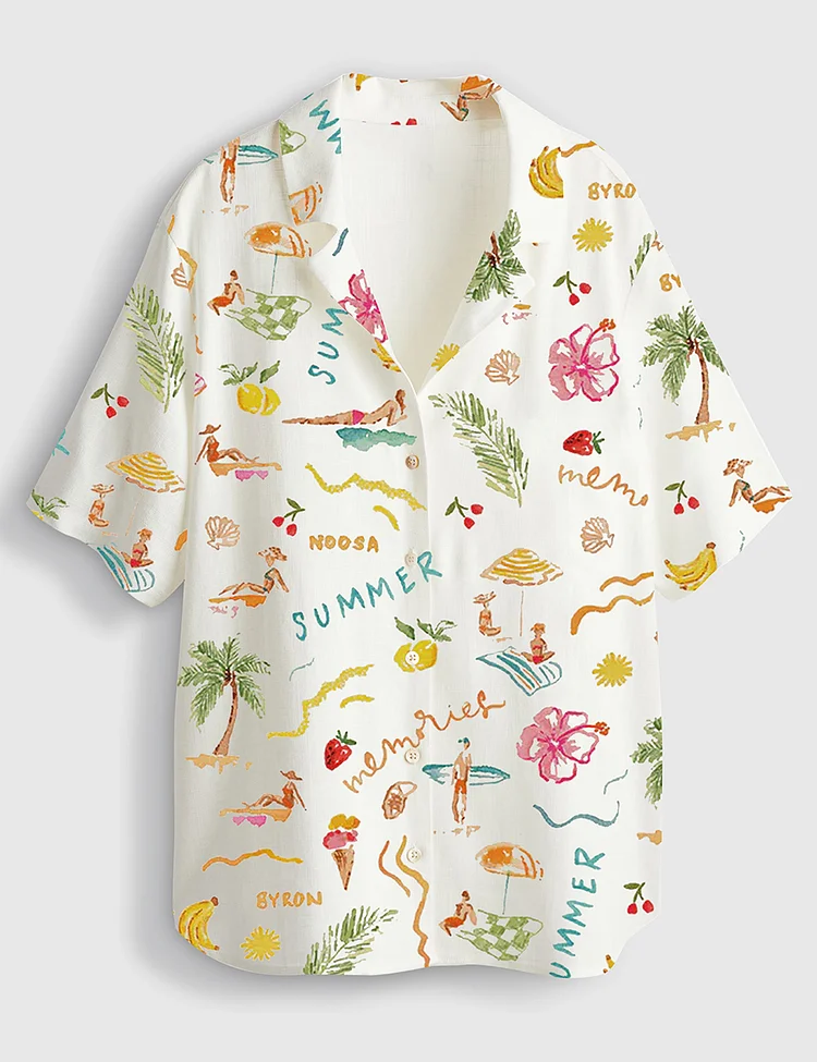Women&rsquo;s Summer Memories Fruity Cocktails Tropical Trees Sandy Beaches Short Sleeve Linen Blend Hawaiian Shirt 