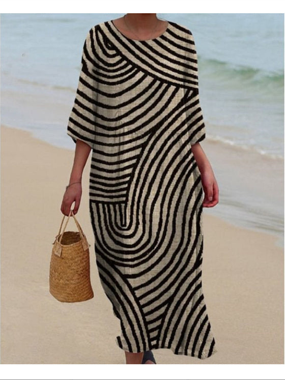 Women's 3/4 Sleeve Scoop Neck Graphic Printed Midi Dress