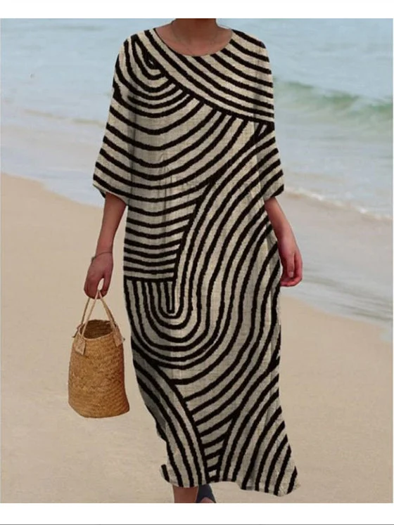 Women's 3/4 Sleeve Scoop Neck Graphic Printed Midi Dress