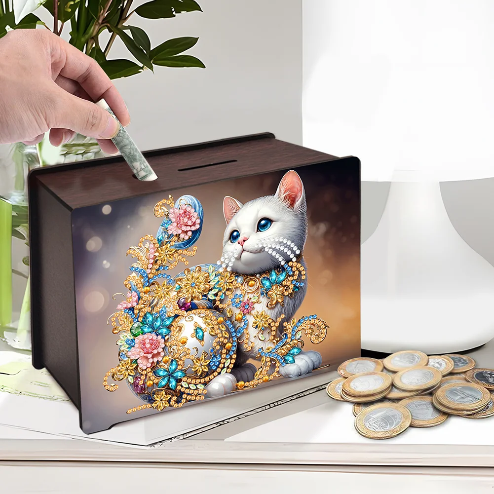 DIY Wooden Cat Diamond Painting Money Saving Box Desktop Coin Bank for Home Decor