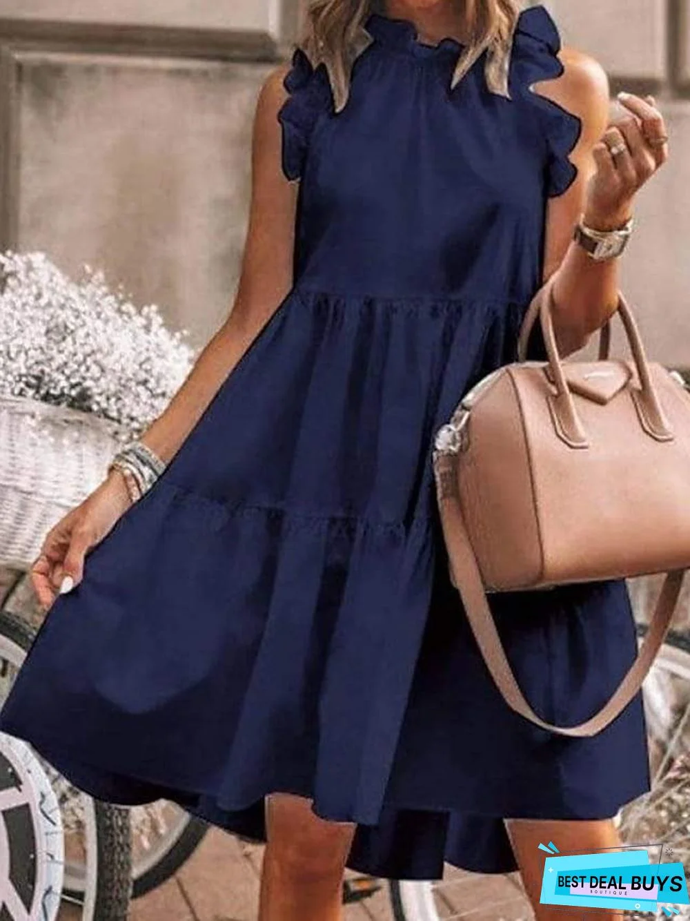 Women's A Line Dress Knee Length Dress White Black Green Dusty Blue Gray Sleeveless Solid Color Ruched Ruffle Patchwork Spring Summer Round Neck Elegant Casual White Dresses